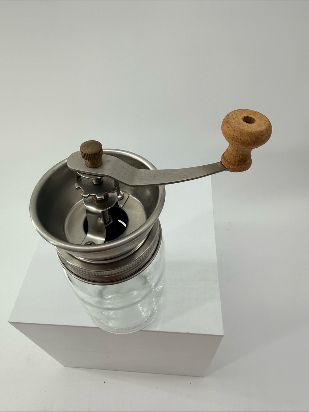 Manual Mason Jar Coffee Grinder with Silver Metal and Natural Wood Handle - Picture 2 of 4